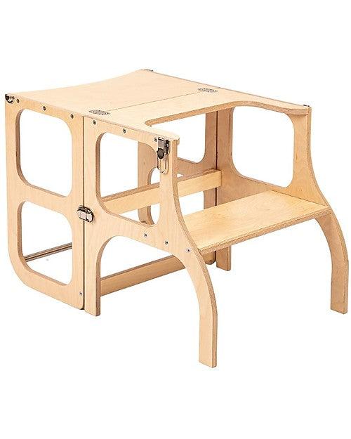 Torre Montessoriana Convertibile Step'n'Sit, Legno Naturale con Cinghie Argento